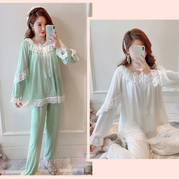 Women Girl Lace Mesh Pajamas Sets Nightie Ruffle Babydoll Lolita Sleepwear Sweet