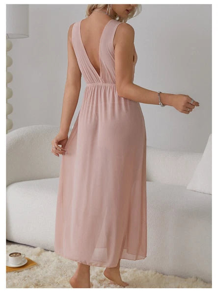 Womens Mesh Sheer Dress See Through Slit Hollow Back V Neck Erotic Lingerie New