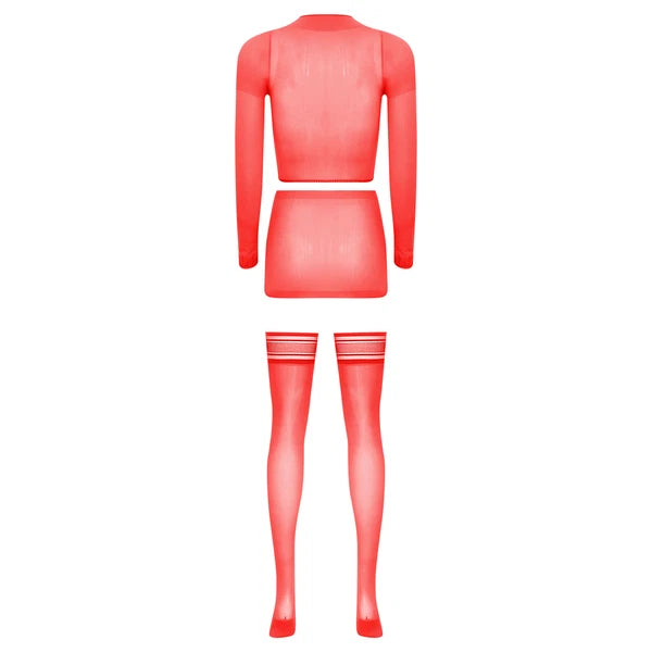 Womens Crop Top And Skirt With Stockings Round Neck Nightwear Tempting Glossy