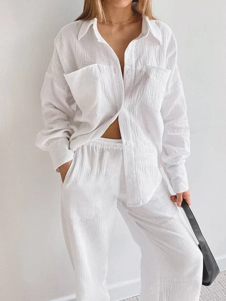 2023 Women's pajamas cotton long sleeved 2-piece pajama casual pants set