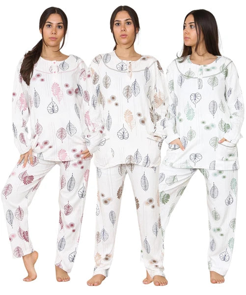 Womens Cotton Pyjamas Set Long Sleeve Leaf Print Thermal Loungewear Nightwear UK