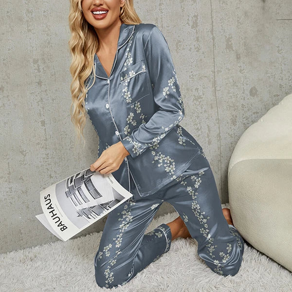 Women Silk Satin Pajamas Set Long Sleeve Button-Down Sleepwear Loungewear Charm