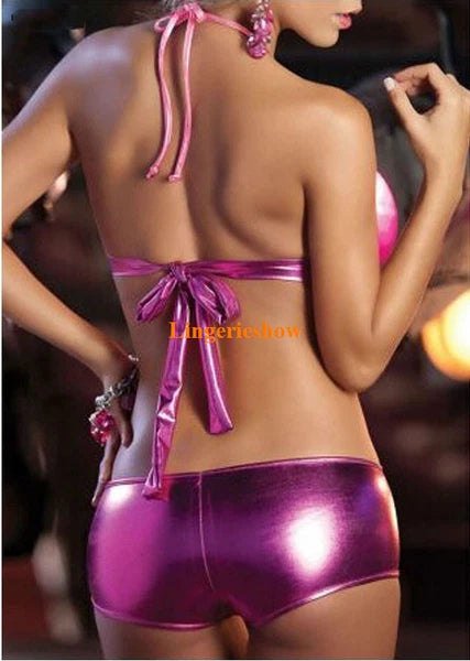 Women Sexy Strap Halter Bra Panties Lingerie PVC WetLook Underwear Nightwear Set