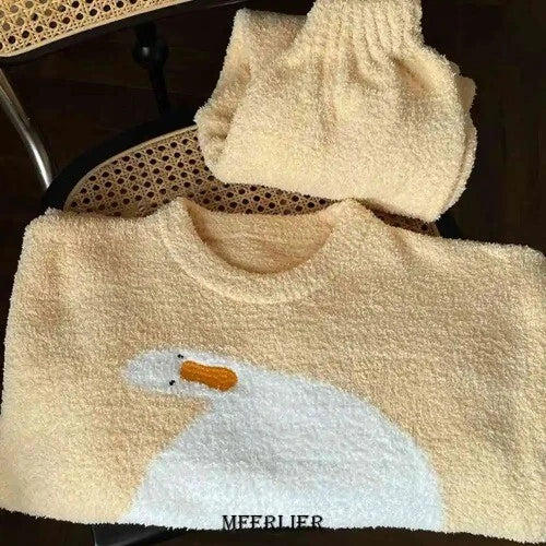 2024 Warm Flannel Pajamas for Women Sweet Velvet Thicken Loose Sleepwear Set