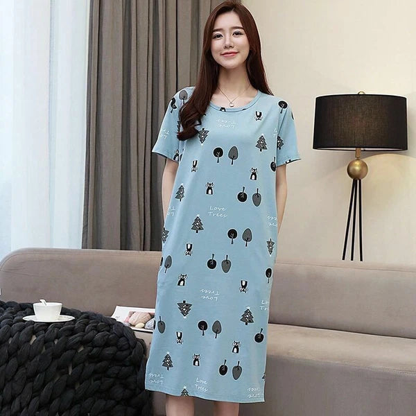 Summer Women's Sleep Shirt Dress Short Sleeve Cotton Casual Nightwear Pajama Set