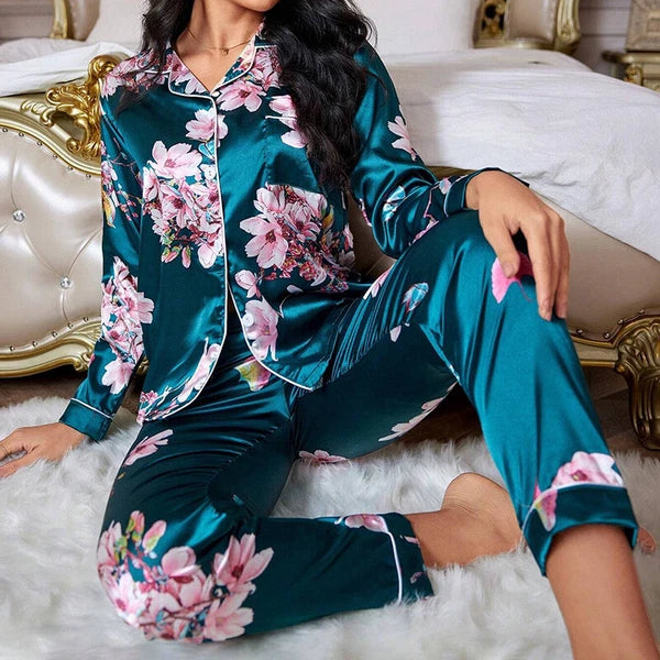 Women Silk Satin Pajamas Set Long Sleeve Button-Down Sleepwear Loungewear Charm