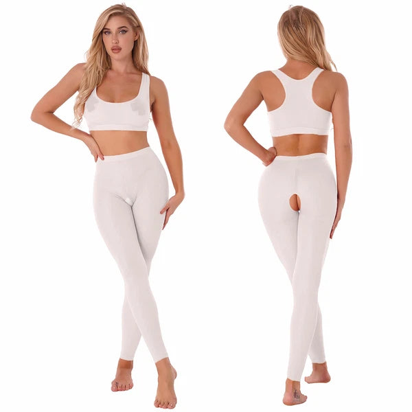 Women 2pcs Lingerie Set Sleeveless Crop Top High Waist Crotchless Leggings Pants