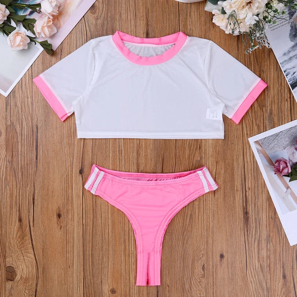 Women Naughty Schoolgirls Lingerie Set Crop Top with Crotchless Briefs AU