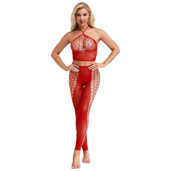 Womens Hollow Out Translucent Lingerie Set Stretchy Fishnet Solid Color Tights