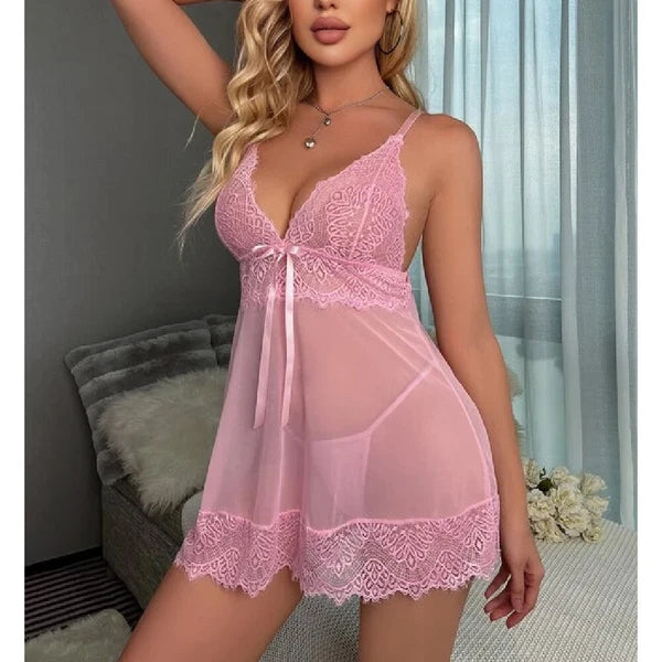 Pink-Women-Sexy-Lingerie-Sleepwear-Lace-Panties-Underwear-Nightwear-Babydoll-Set