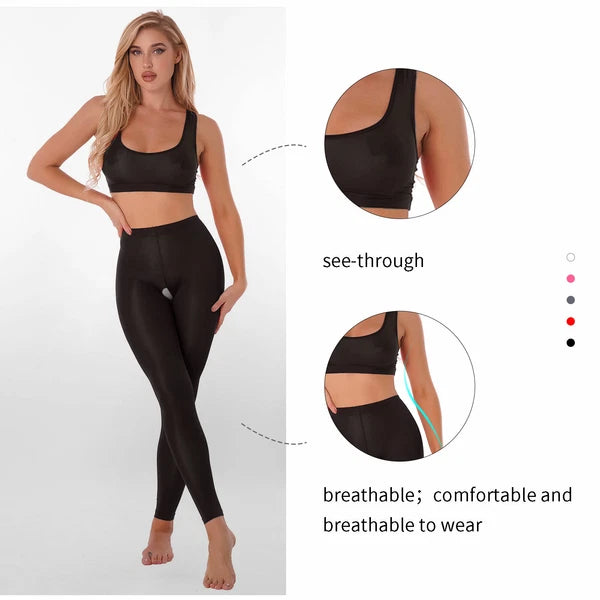 Women 2pcs Lingerie Set Sleeveless Crop Top High Waist Crotchless Leggings Pants