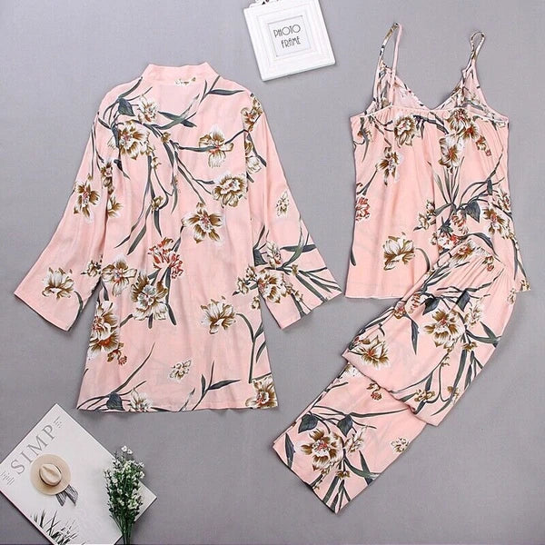 3PC Women Night Dress Silk-Cotton Pajama Sleepwear Long Robes Nightwear Gown Set