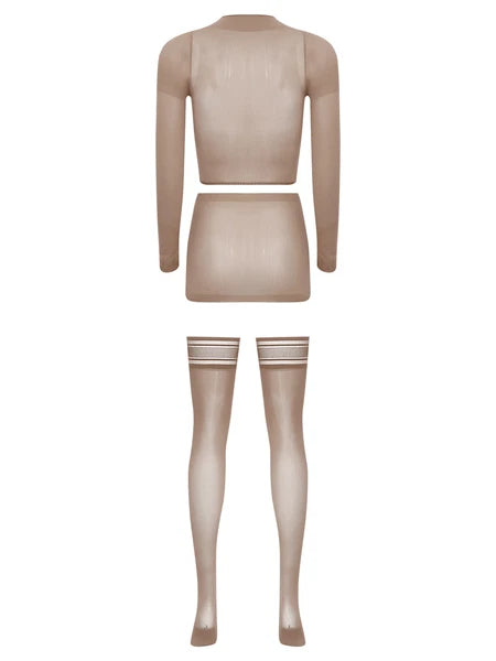 Womens Crop Top And Skirt With Stockings Round Neck Nightwear Tempting Glossy