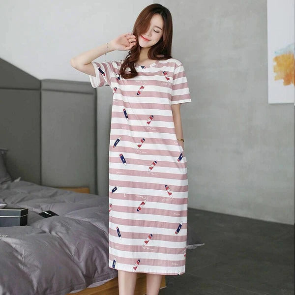 Summer Women's Sleep Shirt Dress Short Sleeve Cotton Casual Nightwear Pajama Set