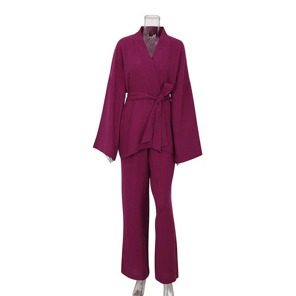 100% cotton women's nightgown pajamas set flared pajamas trousers set 2pcs