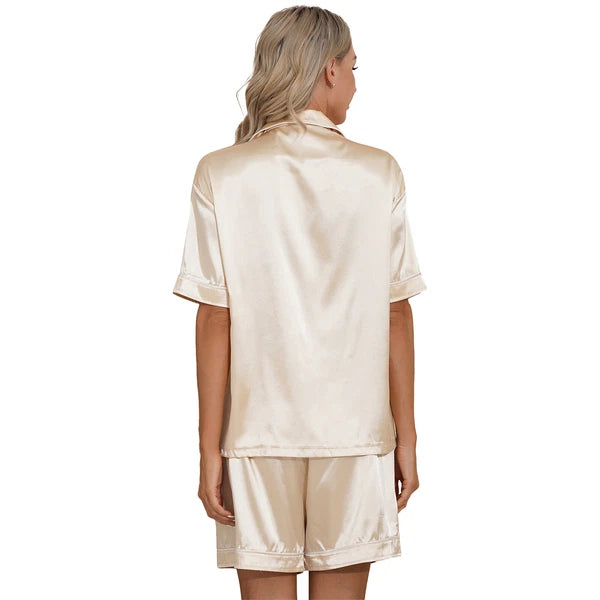 Women's 2PCS Satin Pajamas Set Short Sleeves Button Shirt with Shorts AU