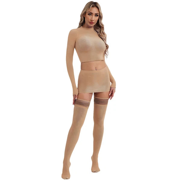 Womens Crop Top And Skirt With Stockings Round Neck Nightwear Tempting Glossy