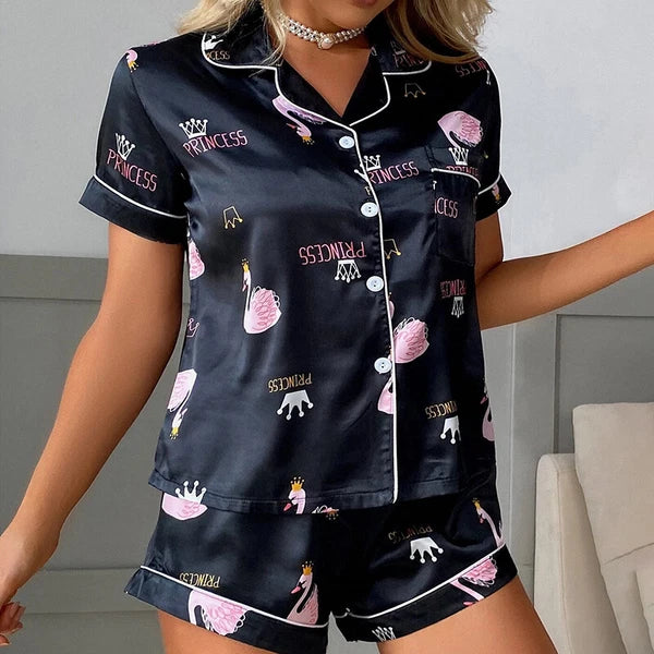 Women's Short Sleeve Silk Pajamas Set Print Satin Sleepwear Homewear Nightwear