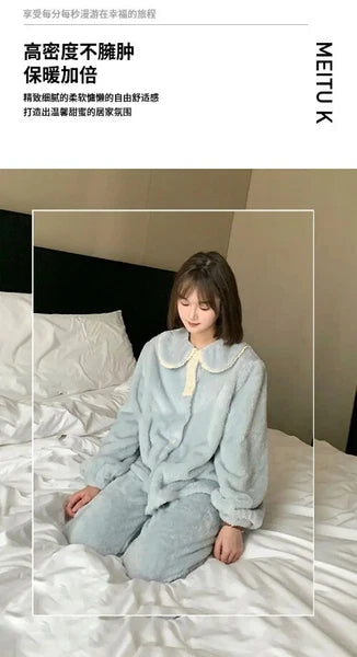 2 Pieces /Sets Winter Pajamas  Flannel Coral Long Sleeve  Suit Kawaii Velvet
