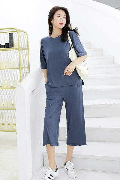 Plus Size XL 150KG Women Modal Pajamas Sets Short Sleeve Top + Calf-Length Pants
