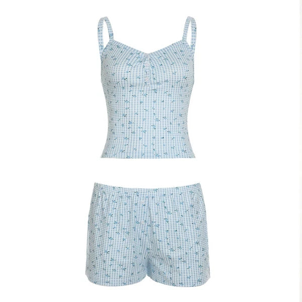 Floral Two Piece Sleepwear Plaid Summer Nightdress Women Summer-