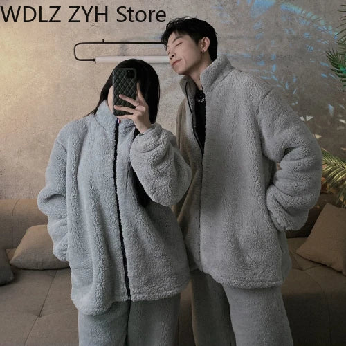 Pajamas Women Coral Fleece Homewear Suit Couple Men Velvet Warm Soft Pajamas Set