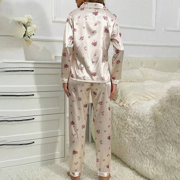 Women Silk Satin Pajamas Set Long Sleeve Button-Down Sleepwear Loungewear Charm