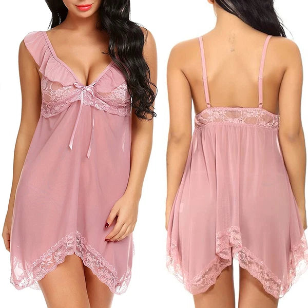 Pink-Women-Sexy-Lingerie-Sleepwear-Lace-Panties-Underwear-Nightwear-Babydoll-Set