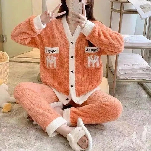 Coral Fleece Pajama Sets Women Single Breasted Turn-down Collar  Elastic Waist