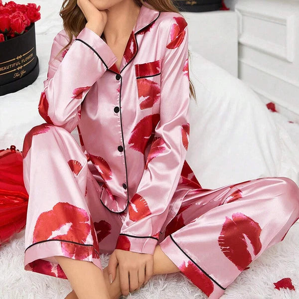 Women Silk Satin Pajamas Set Long Sleeve Button-Down Sleepwear Loungewear Charm