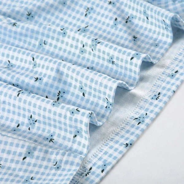 Floral Two Piece Sleepwear Plaid Summer Nightdress Women Summer-