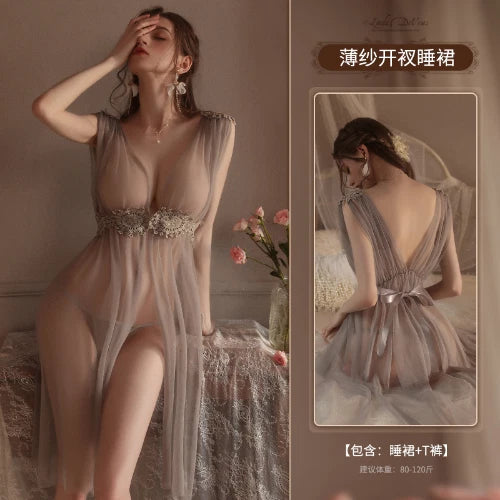 See Through Nightdress Sexy Lingerie Set Dress Embroidery Pajamas Uniform