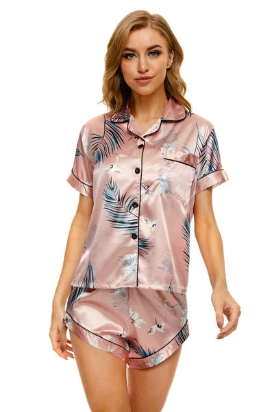 Women's Silk Satin Pajamas Set Short Sleeve Print Sleepwear Nightwear Pyjamas PJ