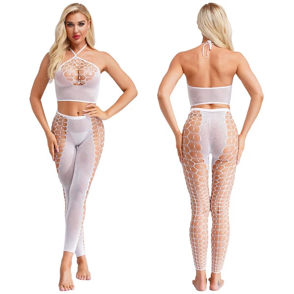 Womens Hollow Out Translucent Lingerie Set Stretchy Fishnet Solid Color Tights