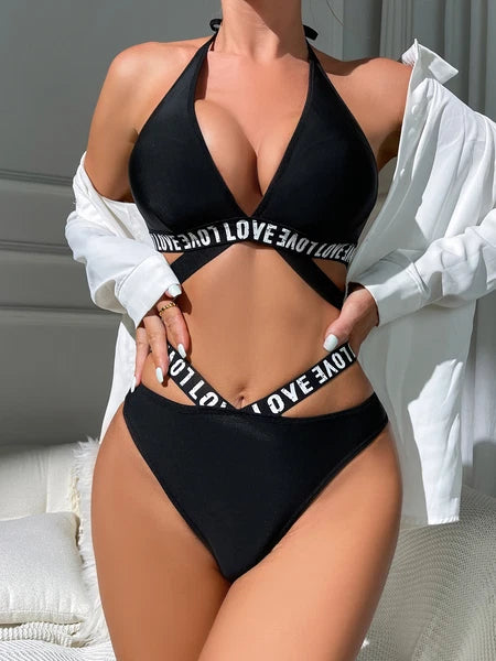 Women Sexy Lingerie Letter Print Belted Bra and Panty 2 Piece Pajamas Set Outfit