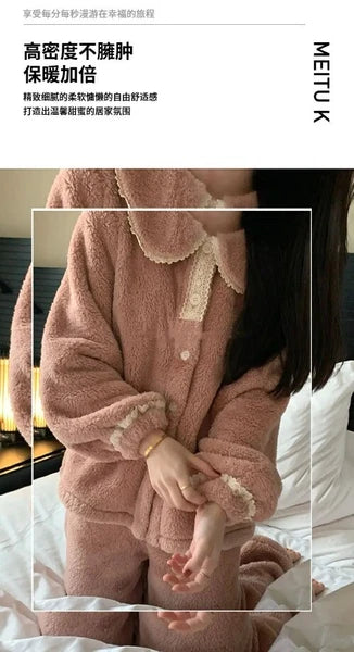 2 Pieces /Sets Winter Pajamas  Flannel Coral Long Sleeve  Suit Kawaii Velvet