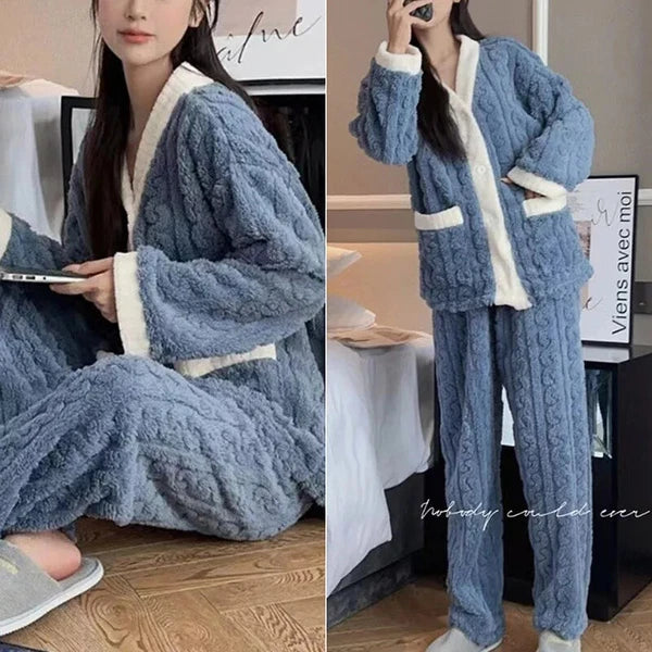 2pcs/Set Autumn and Winter Pajamas Women Thickened Padded Warm Students Coral