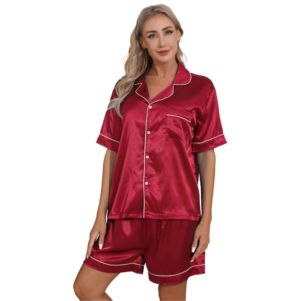 AU Women's Satin Pajamas Short Sleeve Top with Shorts Sleepwear Loungewear Set