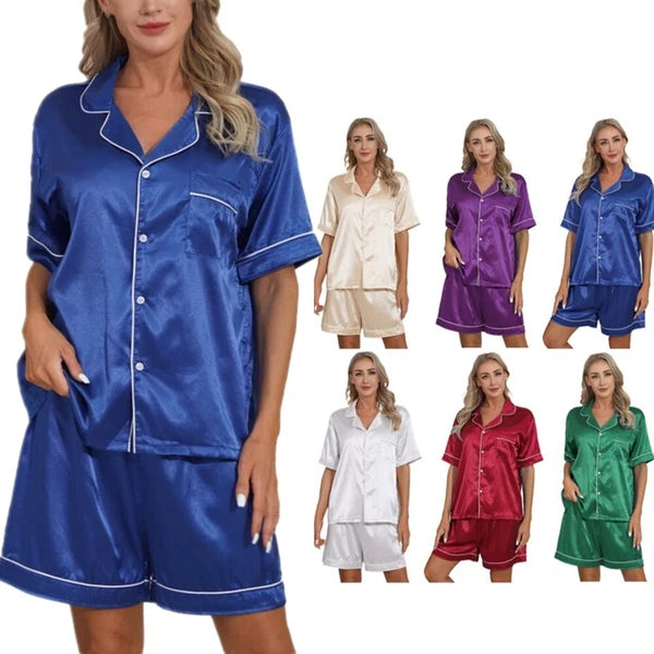 AU Womens Solid Satin Pajamas Set Tops with Shorts 2 Piece Sleepwear Loungewear