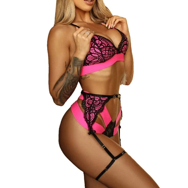 Sexy Women Lace Babydoll G-String Thong Bra Lingerie Belt Panties Set Robe Teddy