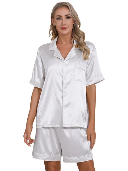 Women's 2PCS Satin Pajamas Set Short Sleeves Button Shirt with Shorts AU