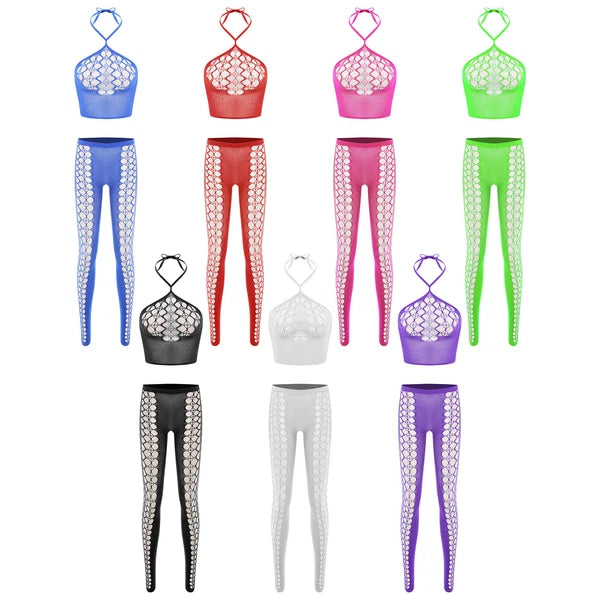 Womens Hollow Out Translucent Lingerie Set Stretchy Fishnet Solid Color Tights