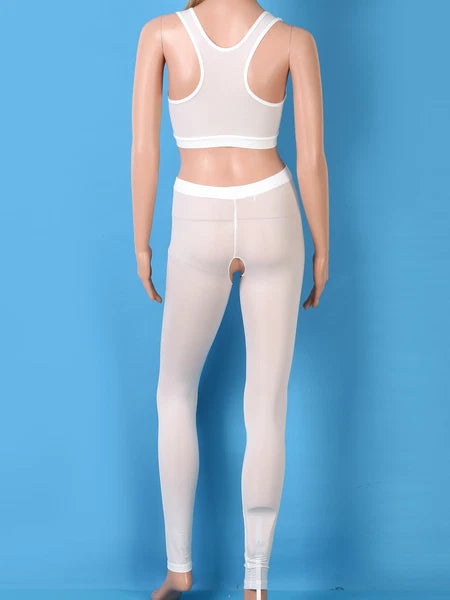 Women 2pcs Lingerie Set Sleeveless Crop Top High Waist Crotchless Leggings Pants