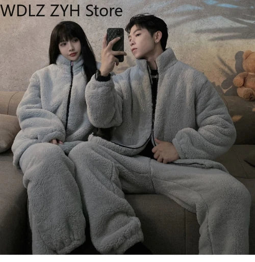 Pajamas Women Coral Fleece Homewear Suit Couple Men Velvet Warm Soft Pajamas Set