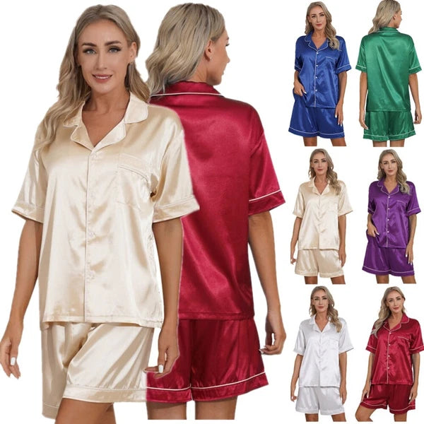 Women's 2PCS Satin Pajamas Set Short Sleeves Button Shirt with Shorts AU