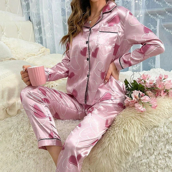 Women Silk Satin Pajamas Set Long Sleeve Button-Down Sleepwear Loungewear Charm