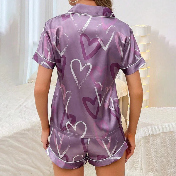 Women's Short Sleeve Silk Pajamas Set Print Satin Sleepwear Homewear Nightwear