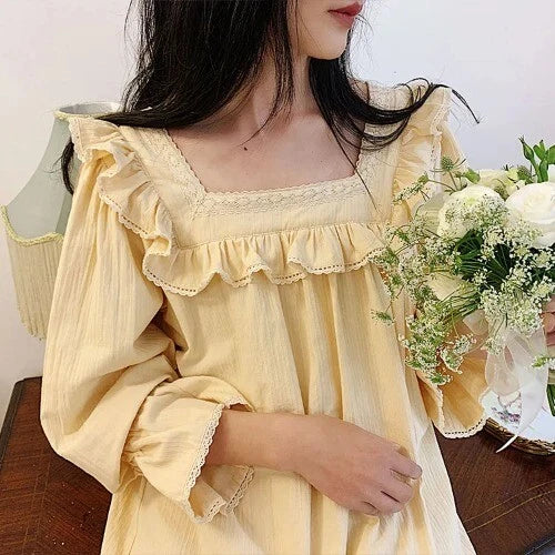 Lolita Dress Cream-colored Square Neck Princess Sleepshirts Vintage  Nightgown