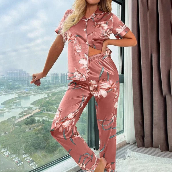 Women's Silk Satin Pajamas Set Short Sleeve Print Sleepwear Nightwear Pyjamas PJ