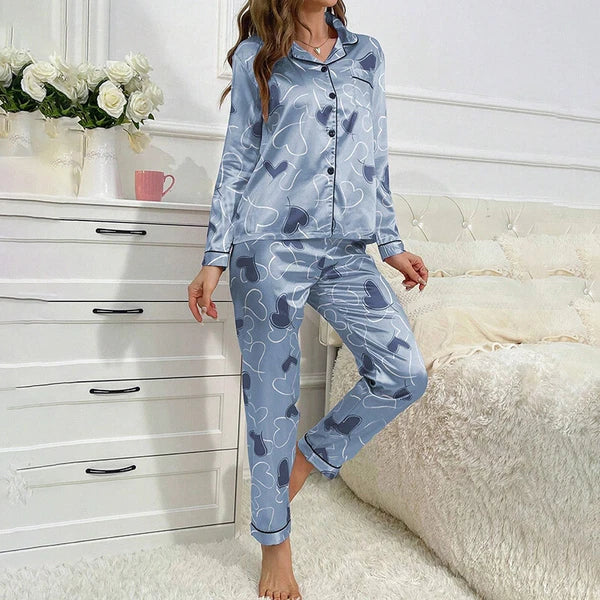 Women Silk Satin Pajamas Set Long Sleeve Button-Down Sleepwear Loungewear Charm